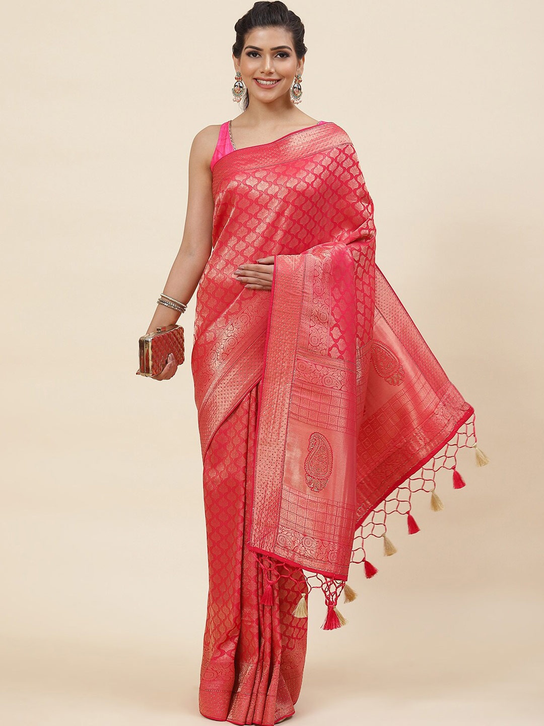 

Meena Bazaar Ethnic Motifs Woven Design Zari Art Silk Saree, Pink