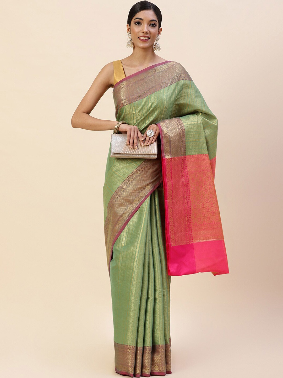 

Meena Bazaar Ethnic Motifs Woven Design Zari Pure Cotton Saree, Green