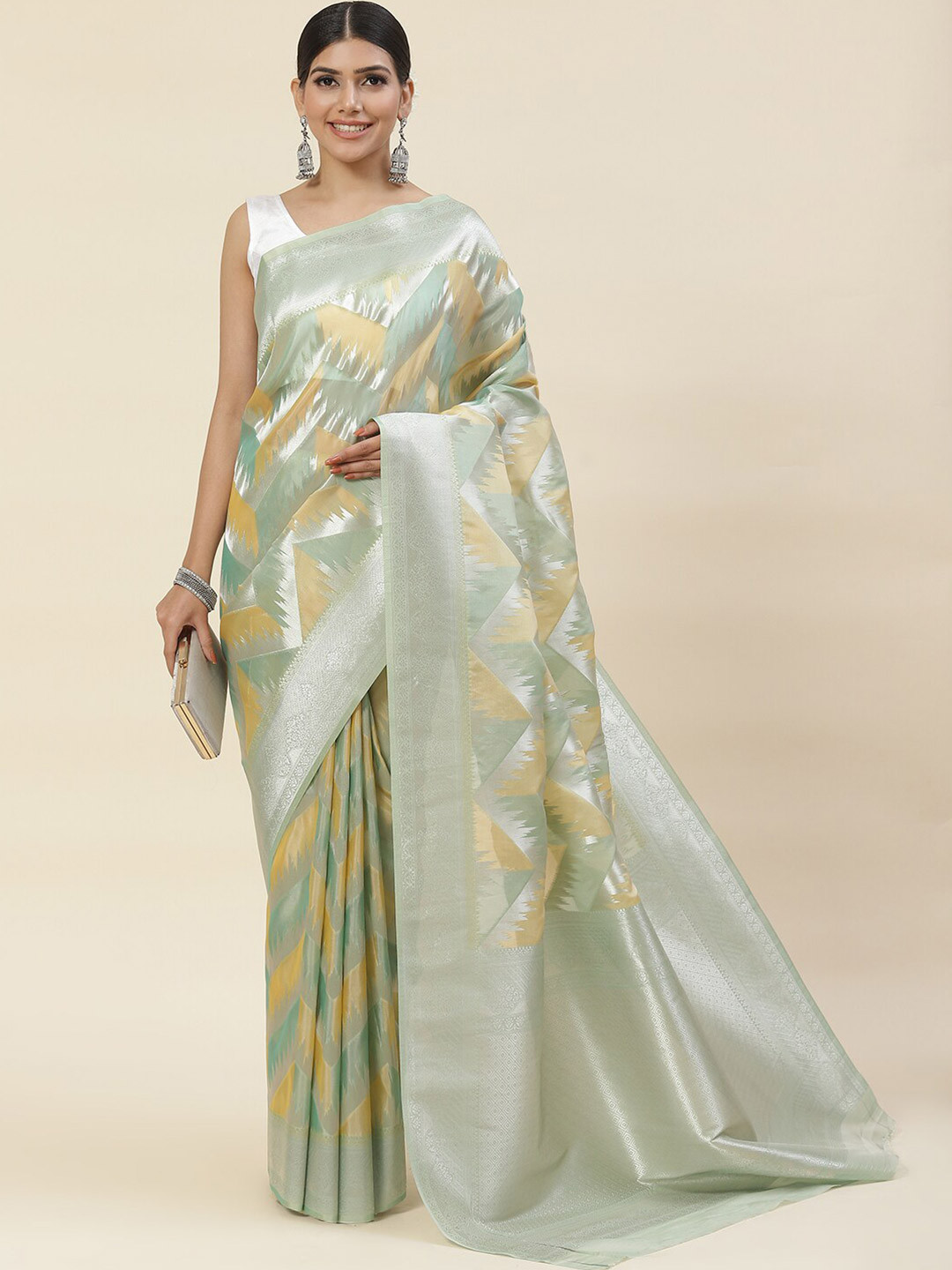 

Meena Bazaar Geometric Woven Design Zari Organza Saree, Green
