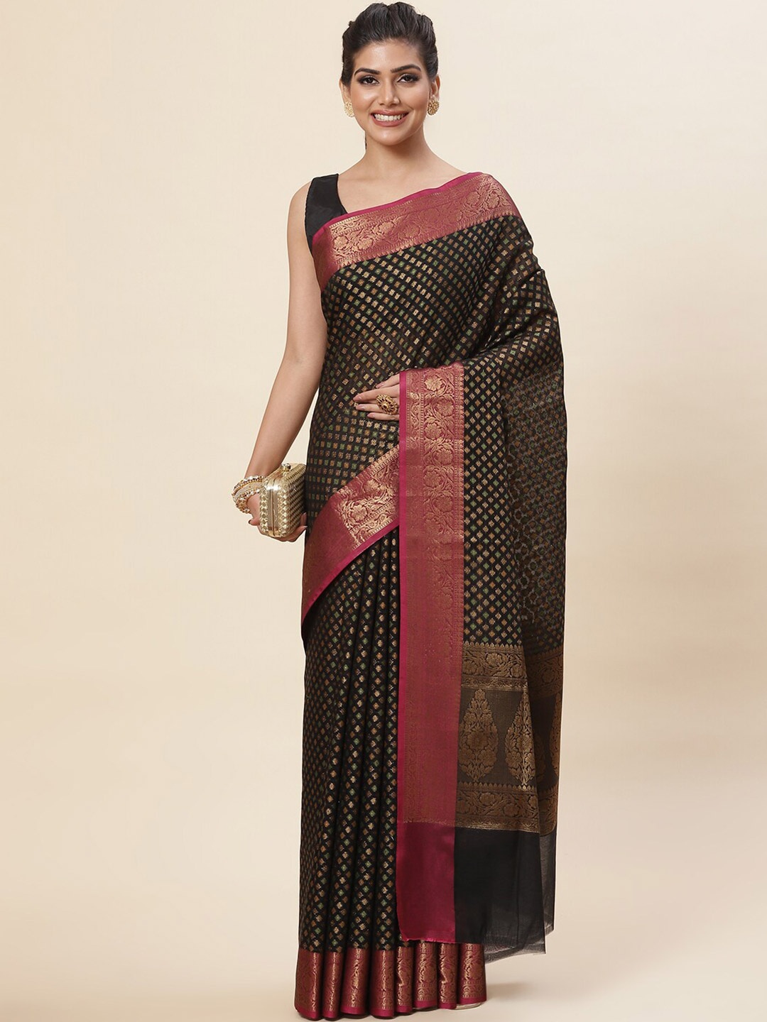 

Meena Bazaar Ethnic Motifs Woven Design Zari Pure Cotton Saree, Black