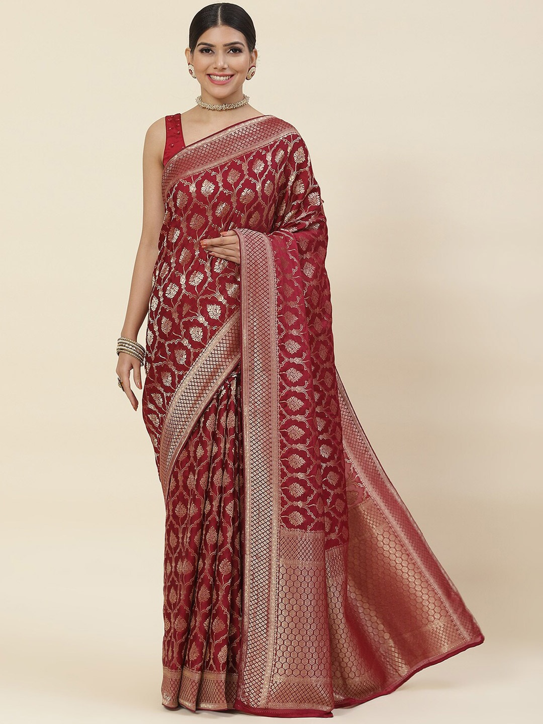 

Meena Bazaar Ethnic Motifs Woven Design Zari Organza Saree, Burgundy