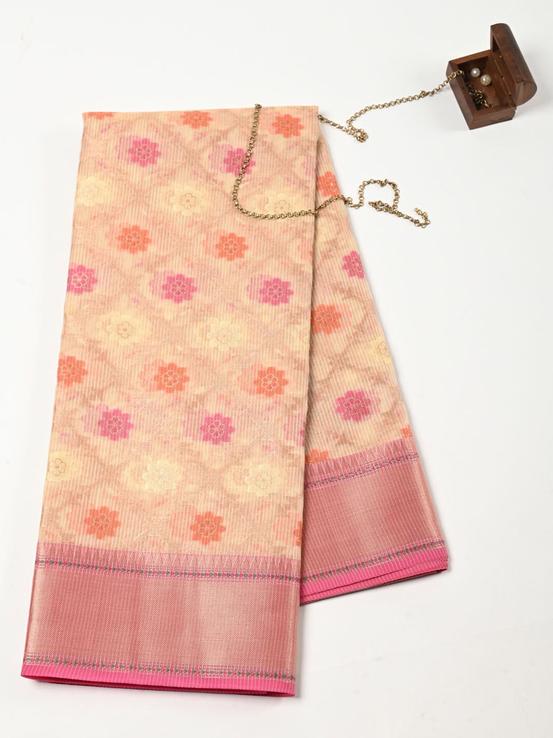 

Meena Bazaar Floral Woven Design Zari Pure Cotton Saree, Beige