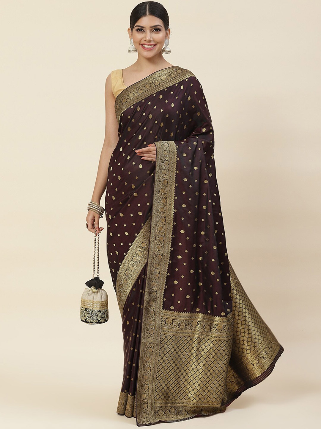 

Meena Bazaar Woven Design Zari Satin Saree, Burgundy
