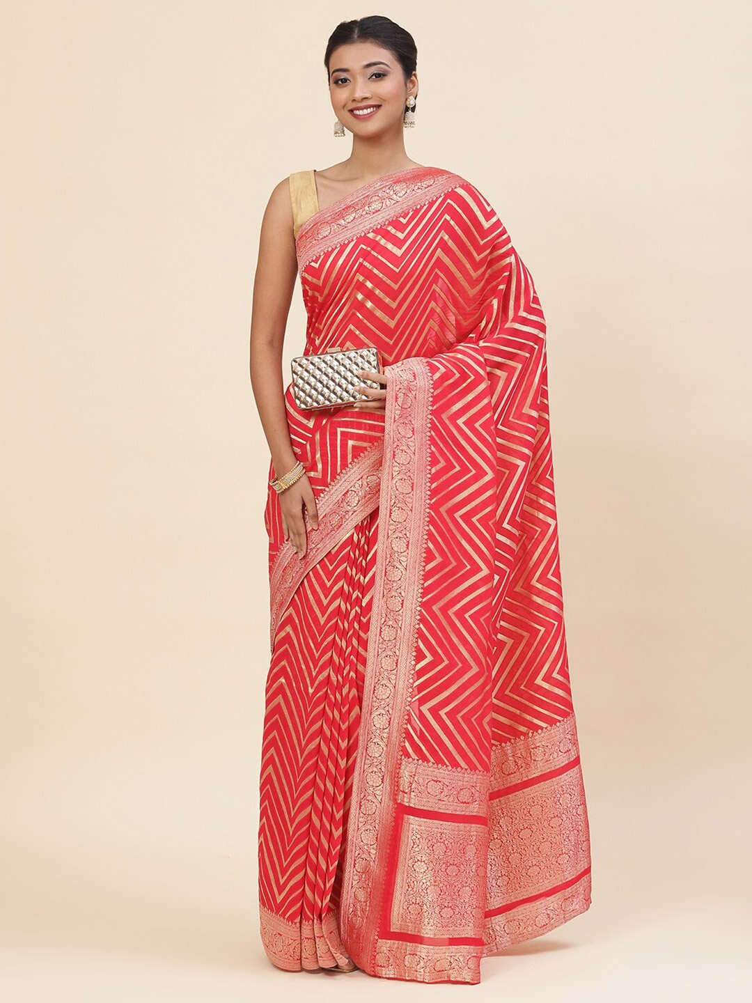 

Meena Bazaar Woven Design Zari Pure Georgette Saree, Coral