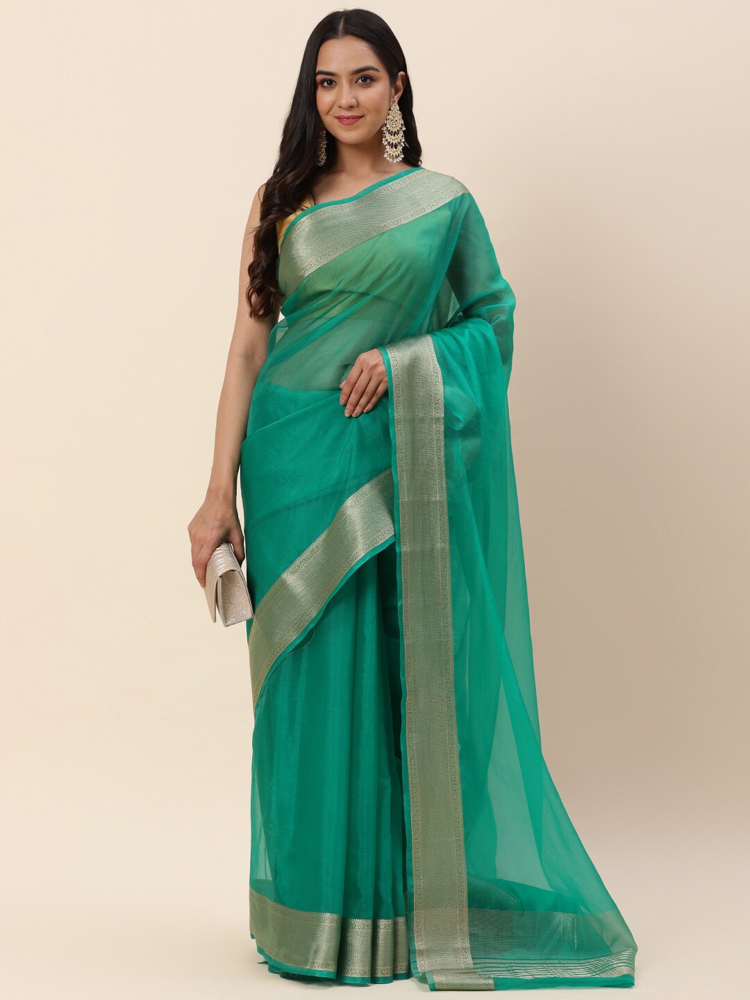 

Meena Bazaar Woven Design Border Zari Organza Saree, Green