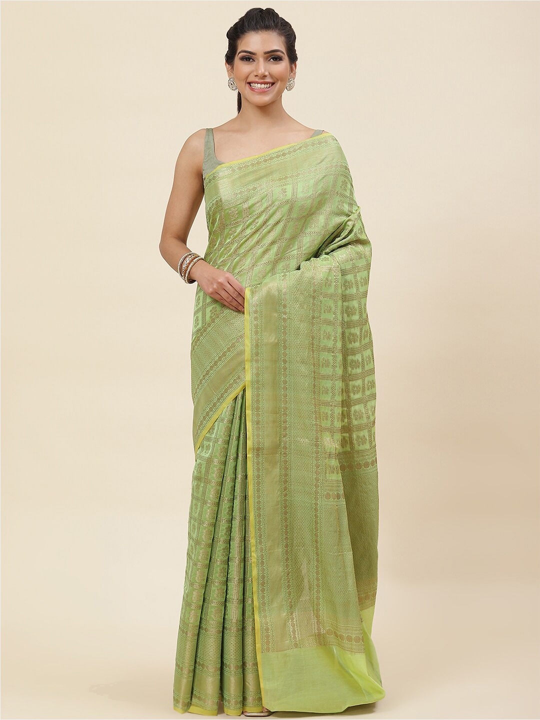 

Meena Bazaar Floral Woven Design Zari Pure Cotton Saree, Green