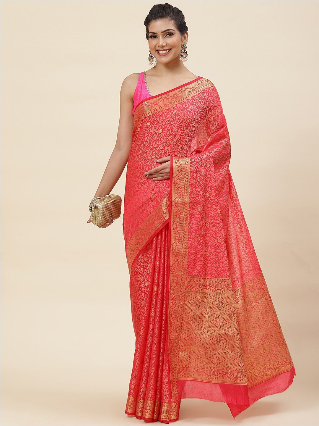 

Meena Bazaar Floral Motif Woven Design Zari Saree, Red