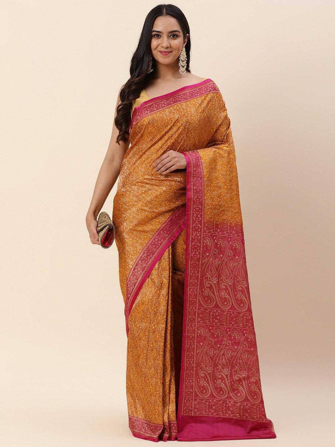 

Meena Bazaar Paisley Woven Design Zari Pure Silk Banarasi Saree, Mustard