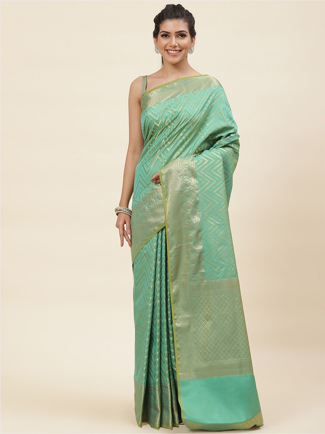 

Meena Bazaar Geometric Woven Design Zari Pure Silk Saree, Green