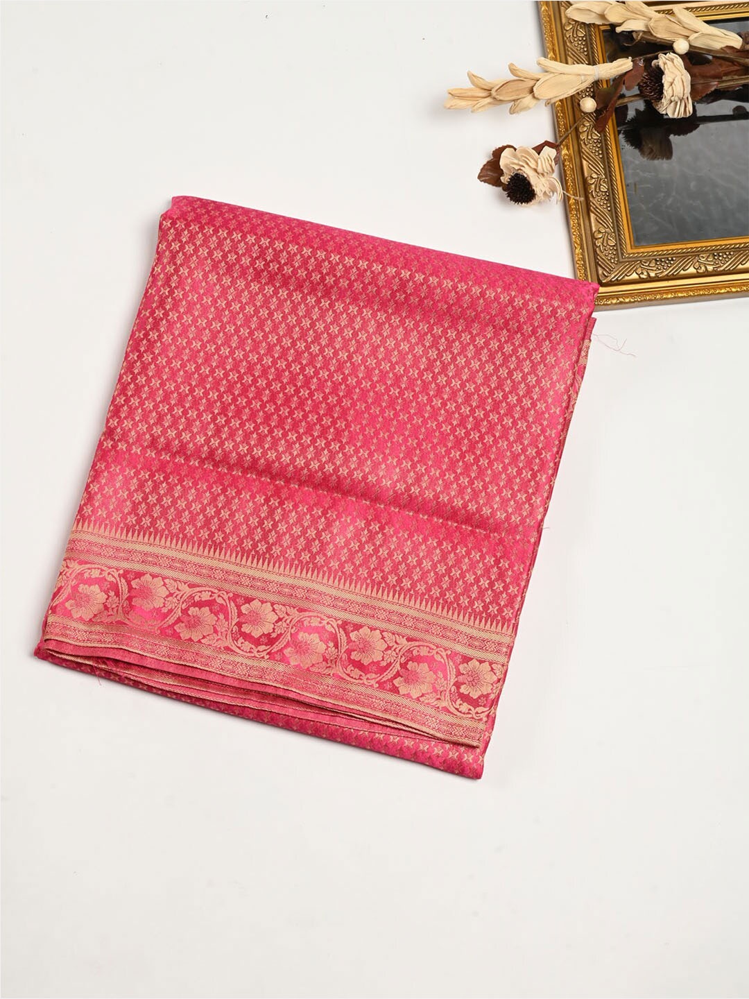 

Meena Bazaar Ethnic Motifs Woven Design Zari Satin Saree, Pink