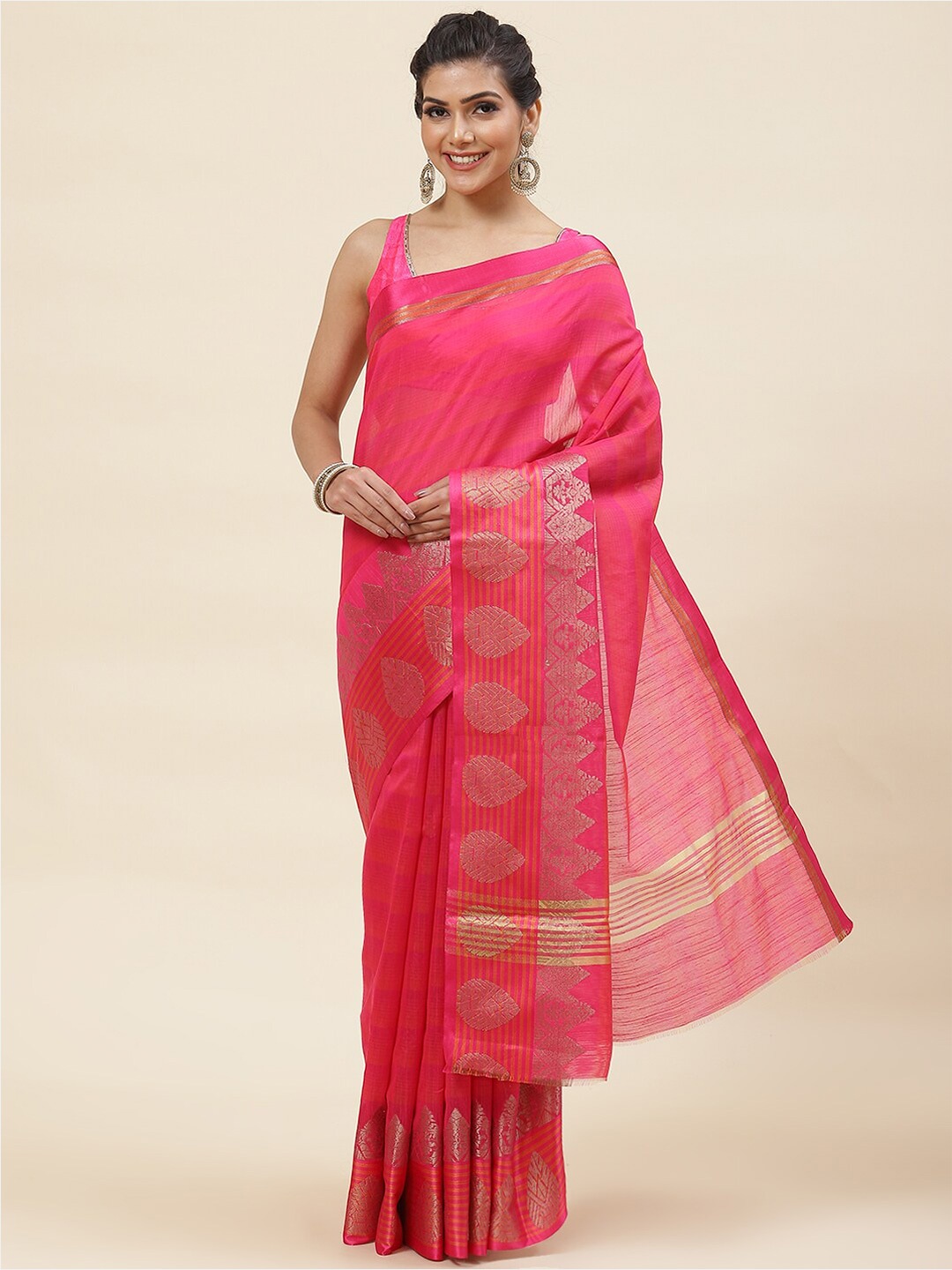

Meena Bazaar Woven Design Zari Pure Cotton Saree, Pink
