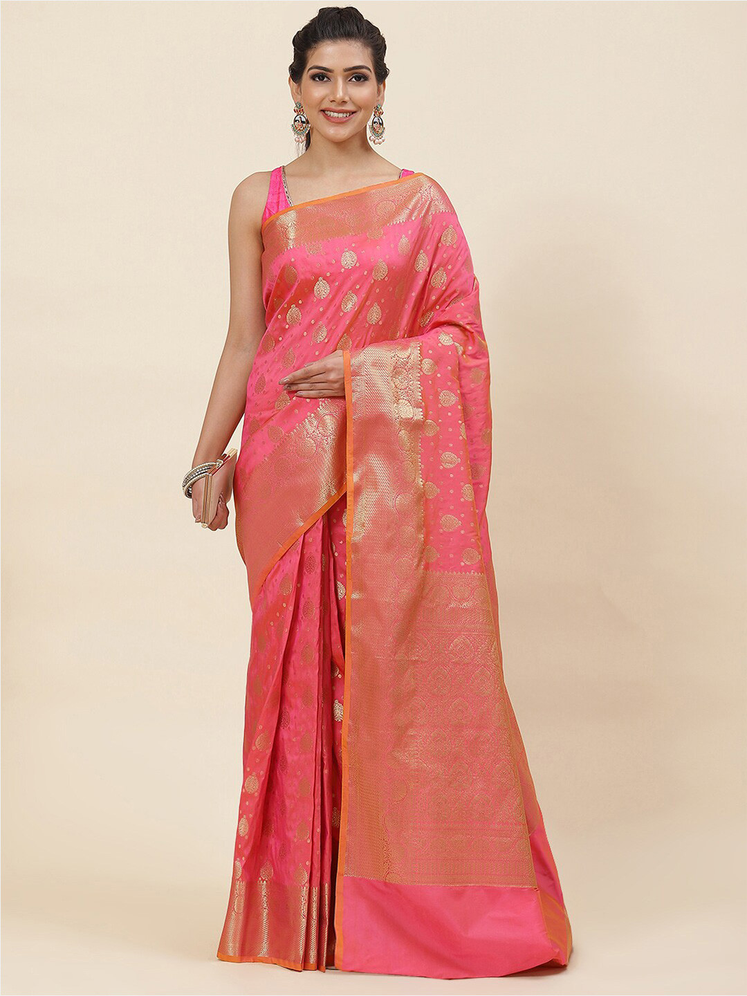 

Meena Bazaar Ethnic Motifs Woven Design Zari Pure Silk Saree, Pink