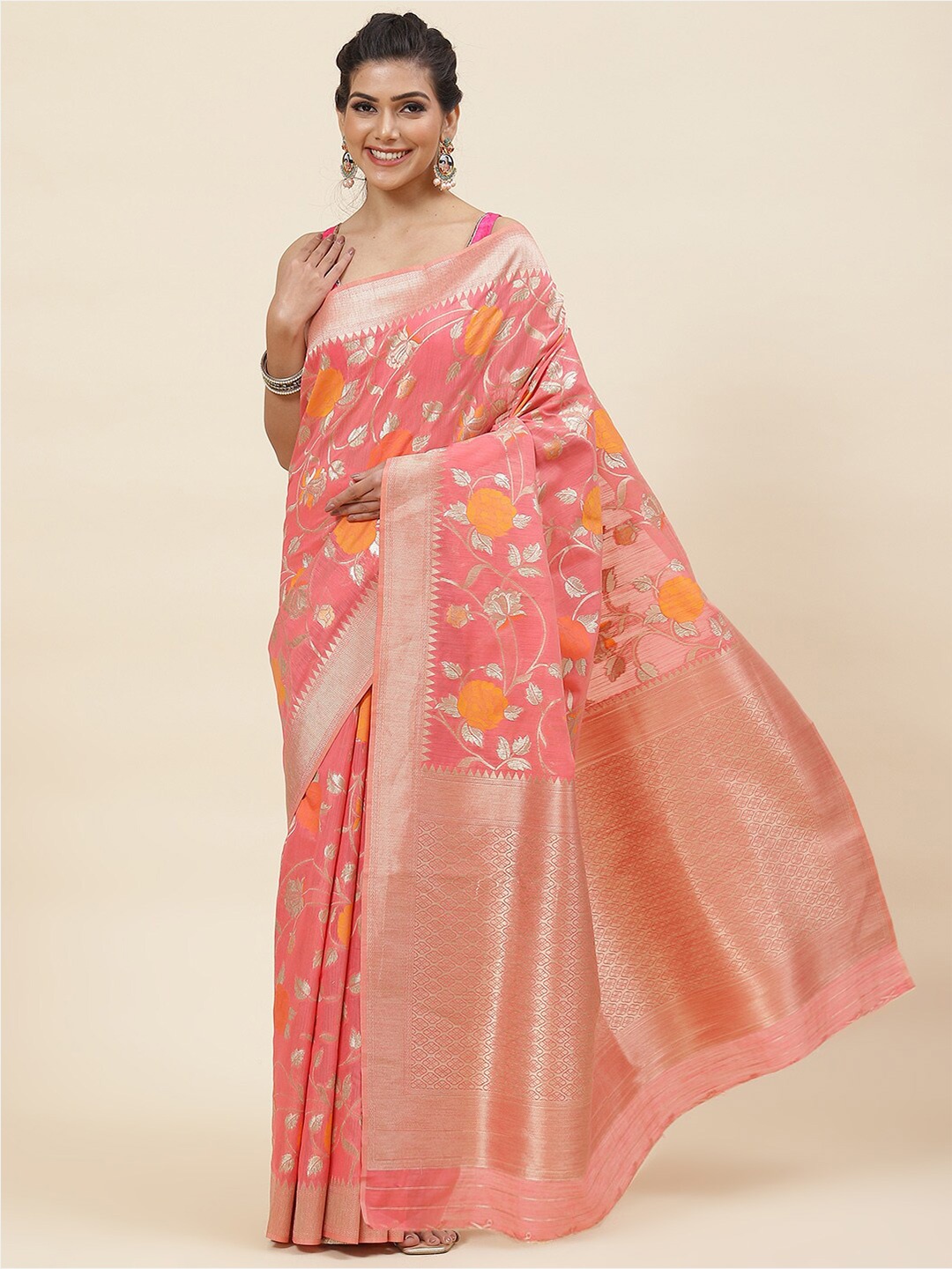 

Meena Bazaar Pink & Orange Woven Design Zari Pure Cotton Saree