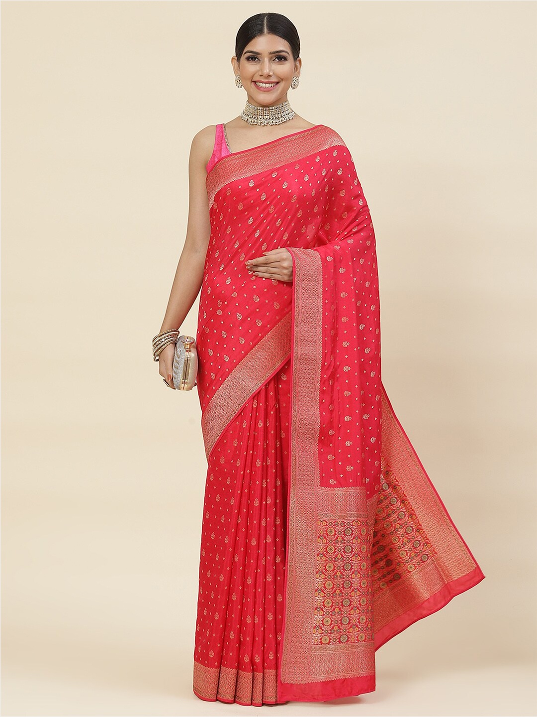 

Meena Bazaar Ethnic Motifs Woven Design Zari Satin Saree, Pink