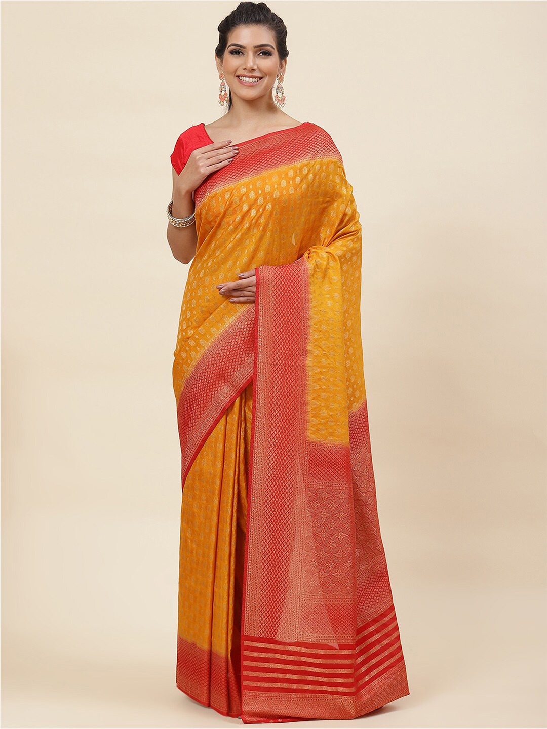 

Meena Bazaar Ethnic Motifs Woven Design Zari Art Silk Saree, Mustard