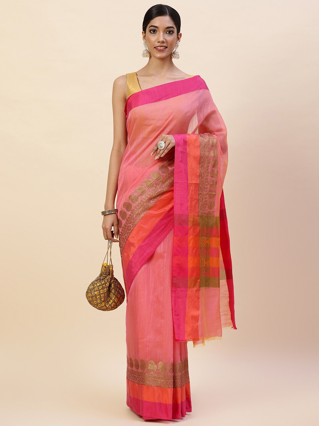

Meena Bazaar Woven Design Zari Pure Cotton Saree, Pink