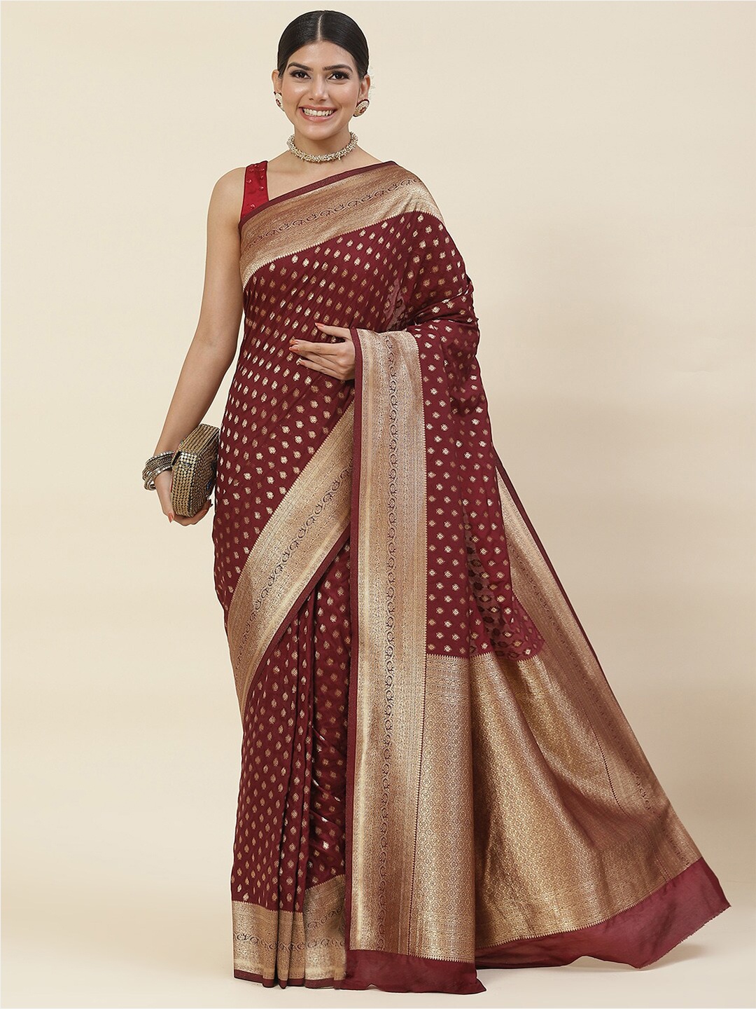 

Meena Bazaar Burgundy & Gold-Toned Woven Design Zari Art Silk Saree
