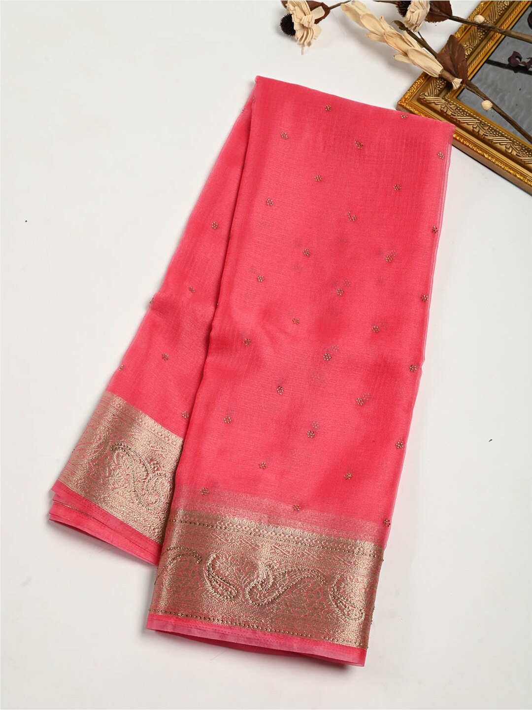 

Meena Bazaar Embellished Beads and Stones Organza Saree, Pink