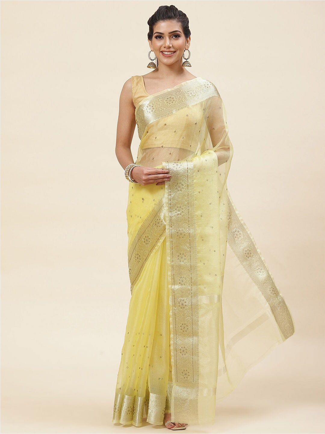 

Meena Bazaar Embellished Woven Border Beads And Stones Saree, Yellow