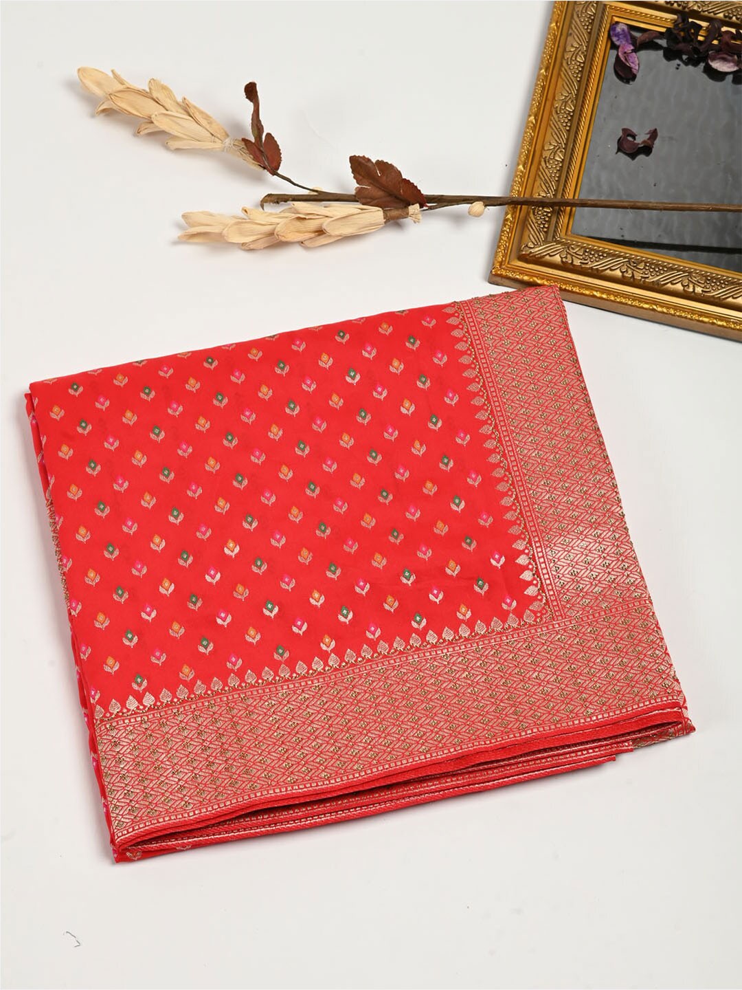 

Meena Bazaar Woven Design Zari Pure Silk Saree, Red