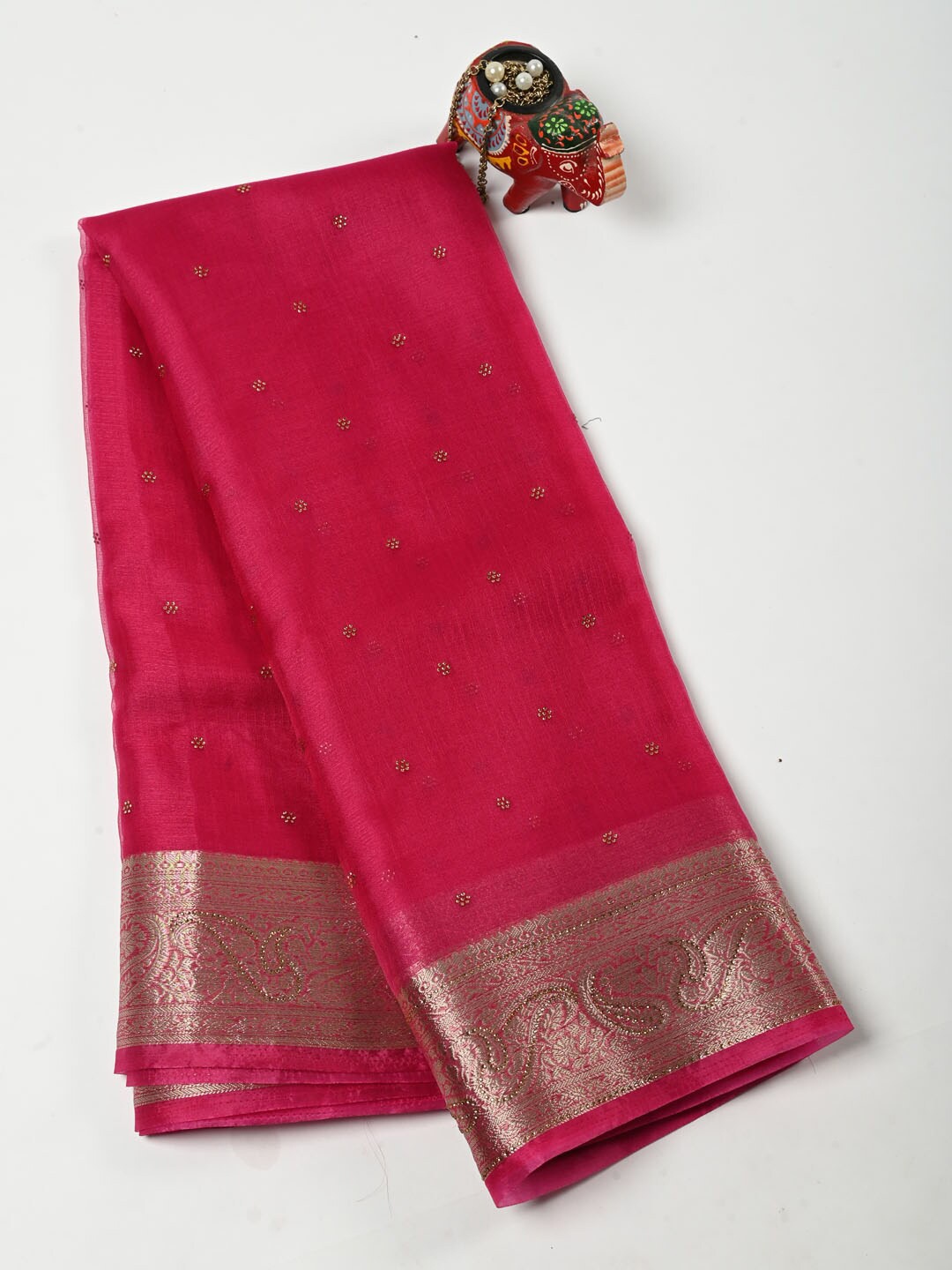 

Meena Bazaar Embellished Beads and Stones Organza Saree, Burgundy