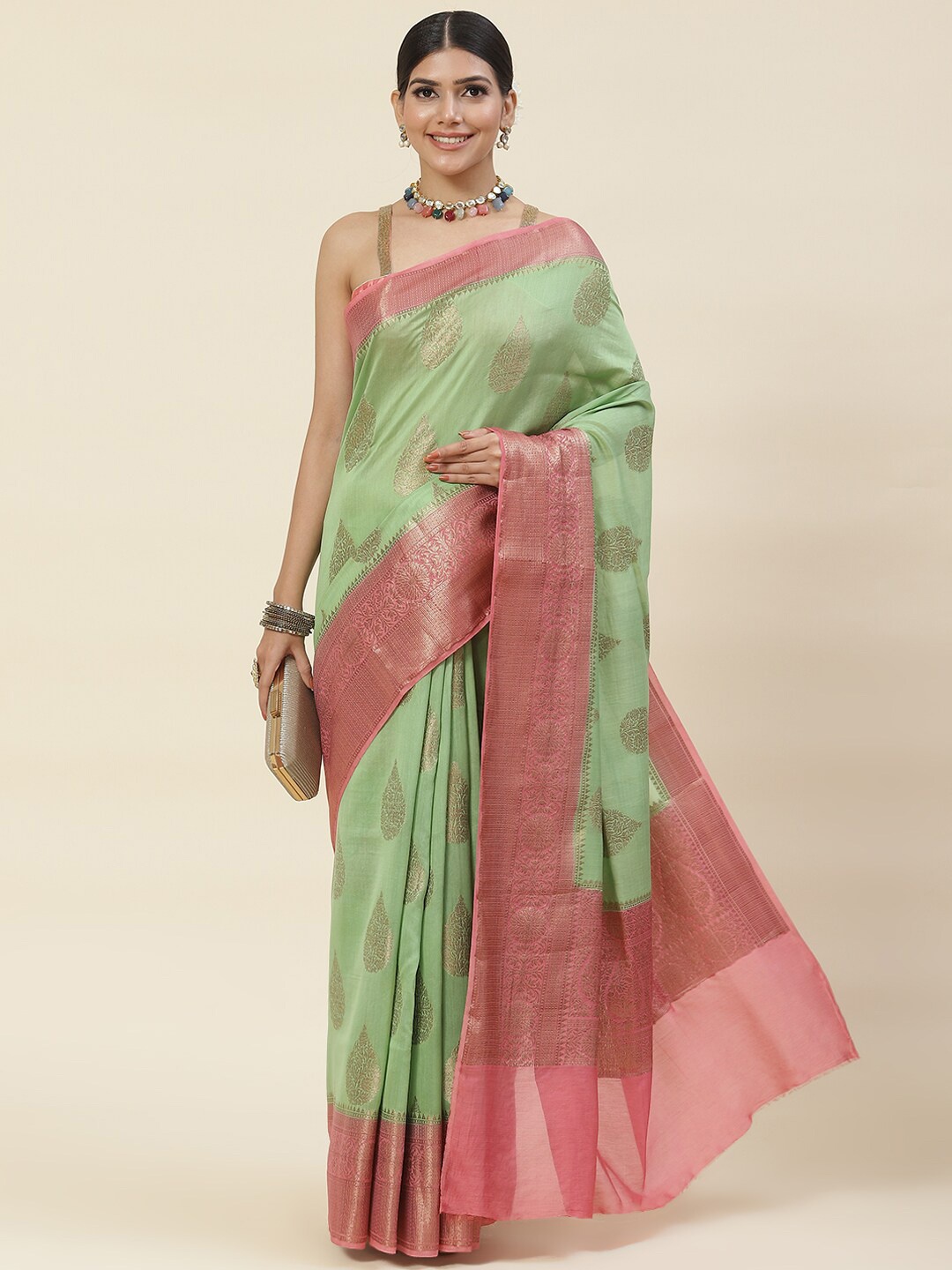 

Meena Bazaar Ethnic Motifs Woven Design Zari Pure Cotton Saree, Green