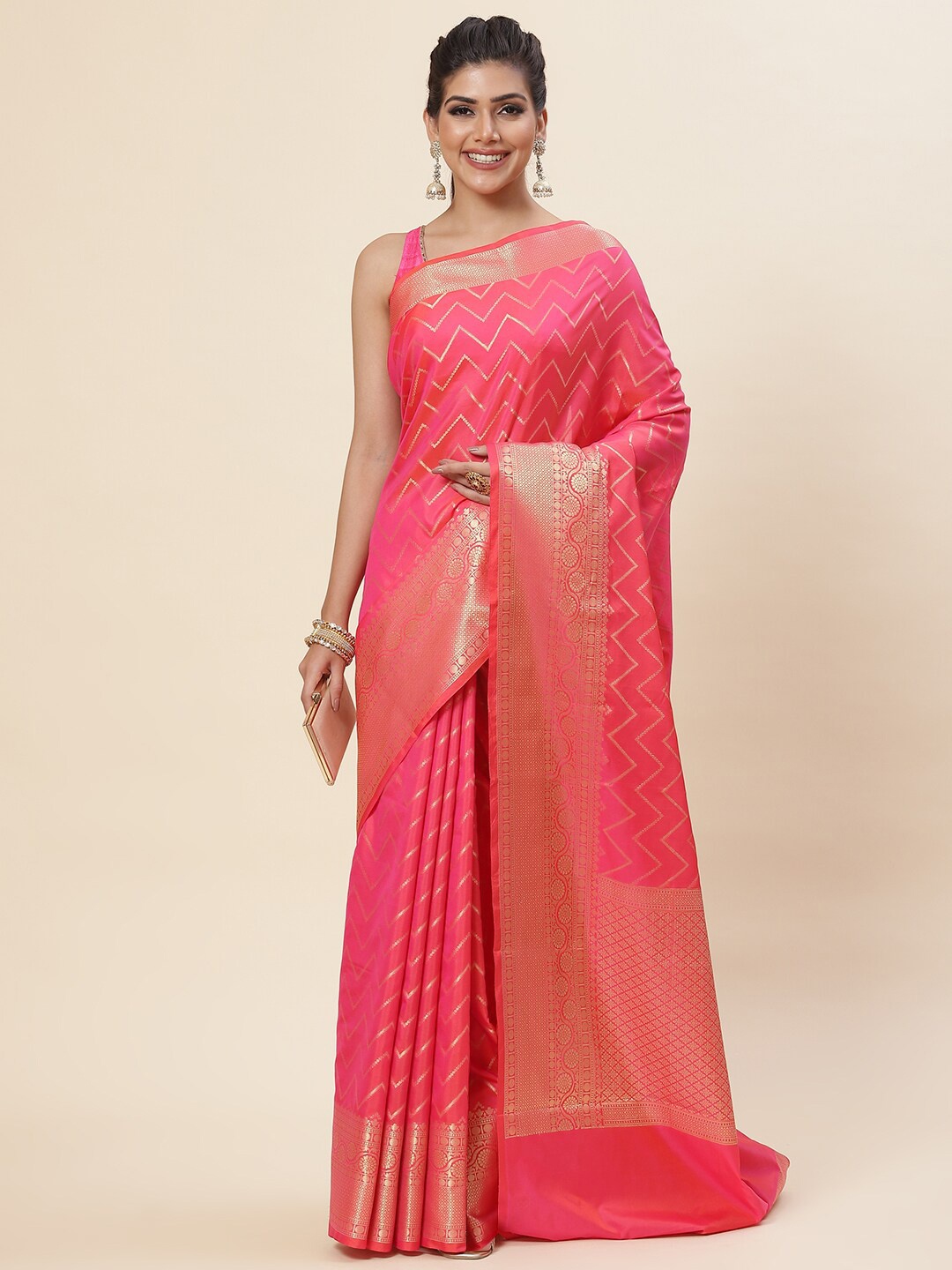 

Meena Bazaar Woven Design Zari Pure Cotton Saree, Pink
