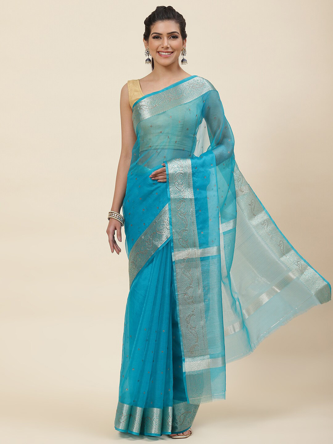 

Meena Bazaar Floral Zari Organza Saree, Blue