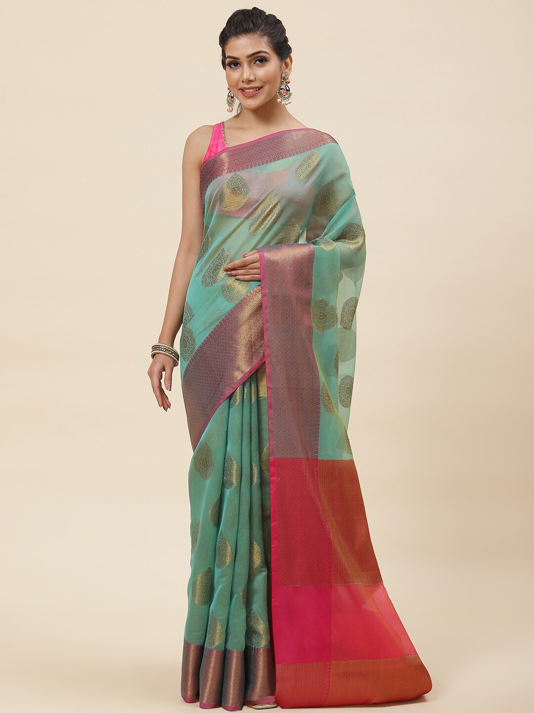 

Meena Bazaar Ethnic Motif Woven Design Zari Pure Cotton Saree, Green