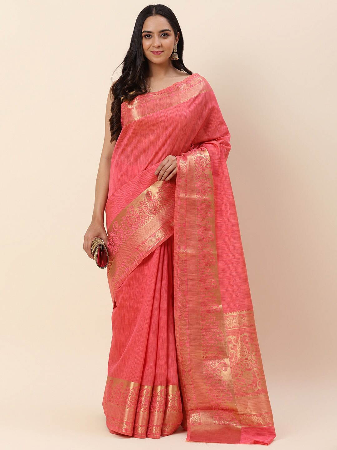 

Meena Bazaar Woven Design Zari Art Silk Saree, Pink