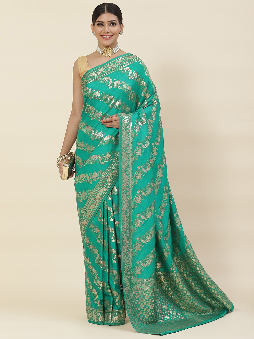 

Meena Bazaar Ethnic Motifs Woven Design Zari Art Silk Saree, Green
