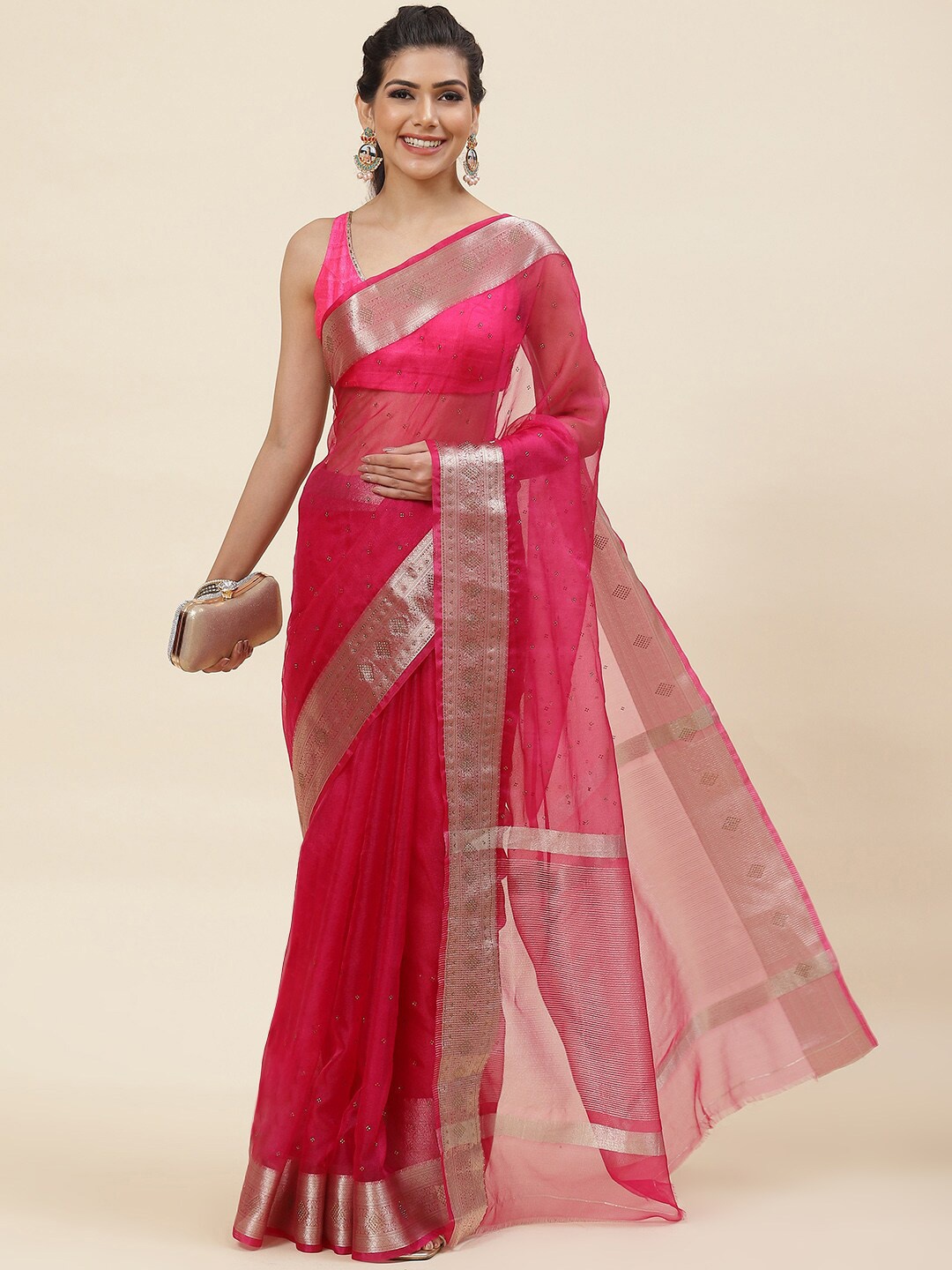 

Meena Bazaar Embellished Beads and Stones Organza Saree, Pink