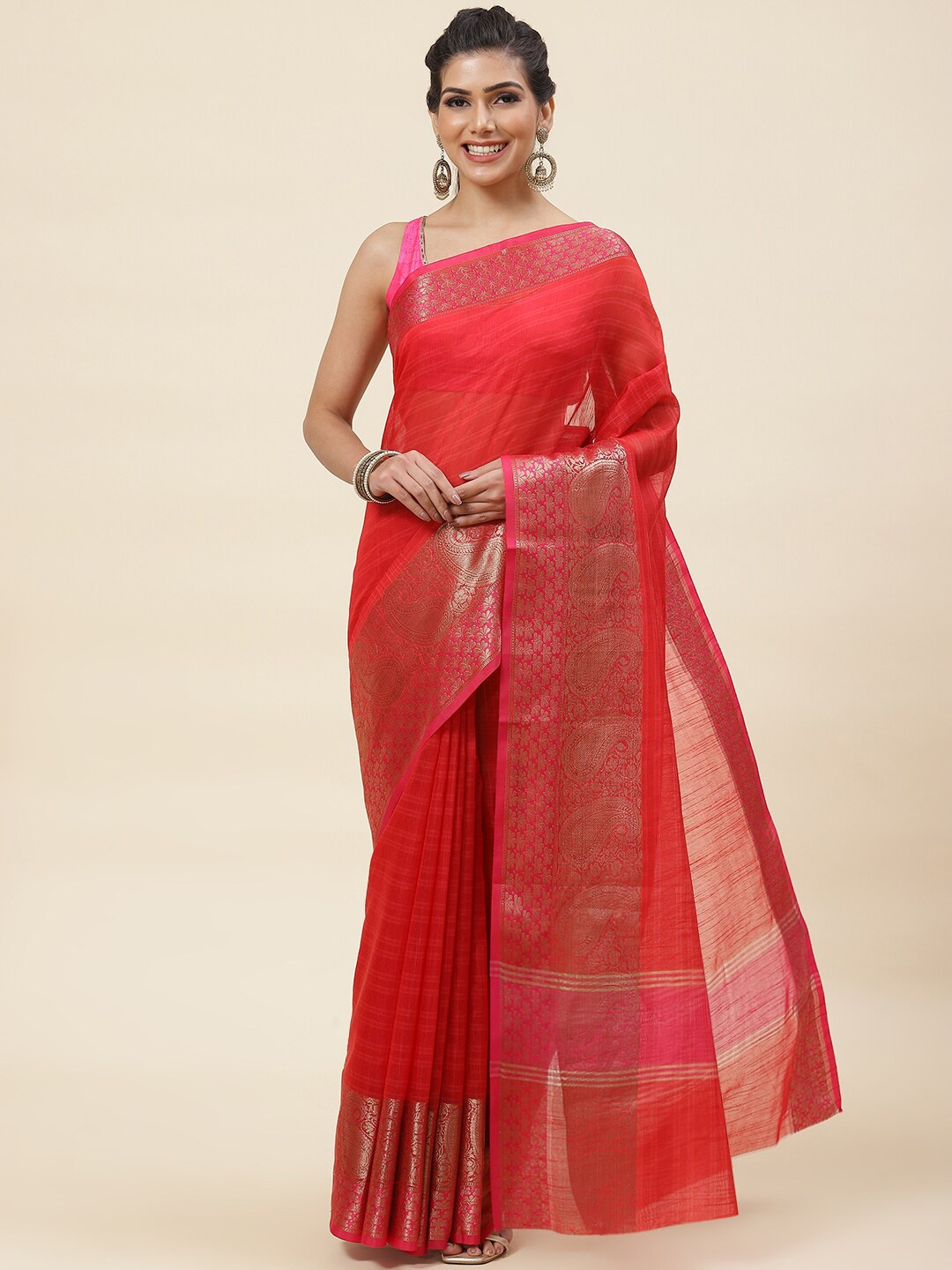 

Meena Bazaar Woven Design Border Zari Pure Cotton Saree, Red