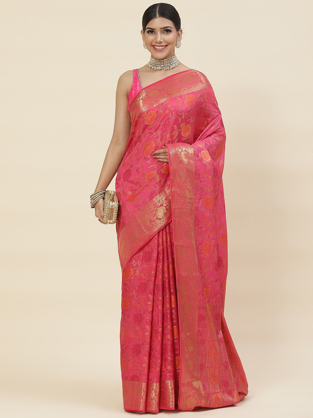 

Meena Bazaar Ethnic Motifs Woven Design Zari Art Silk Saree, Pink