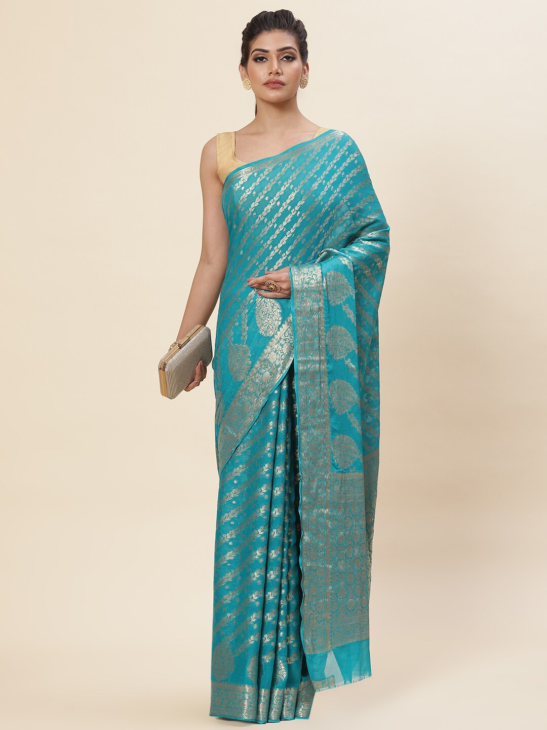 

Meena Bazaar Floral Woven Design Zari Pure Georgette Saree, Blue