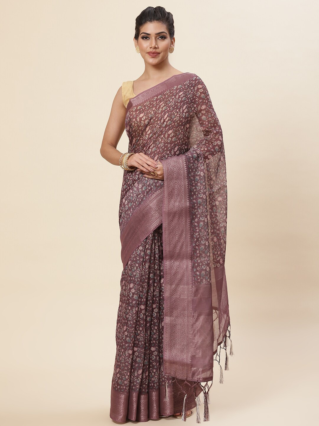 

Meena Bazaar Floral Printed Zari Pure Cotton Saree, Burgundy