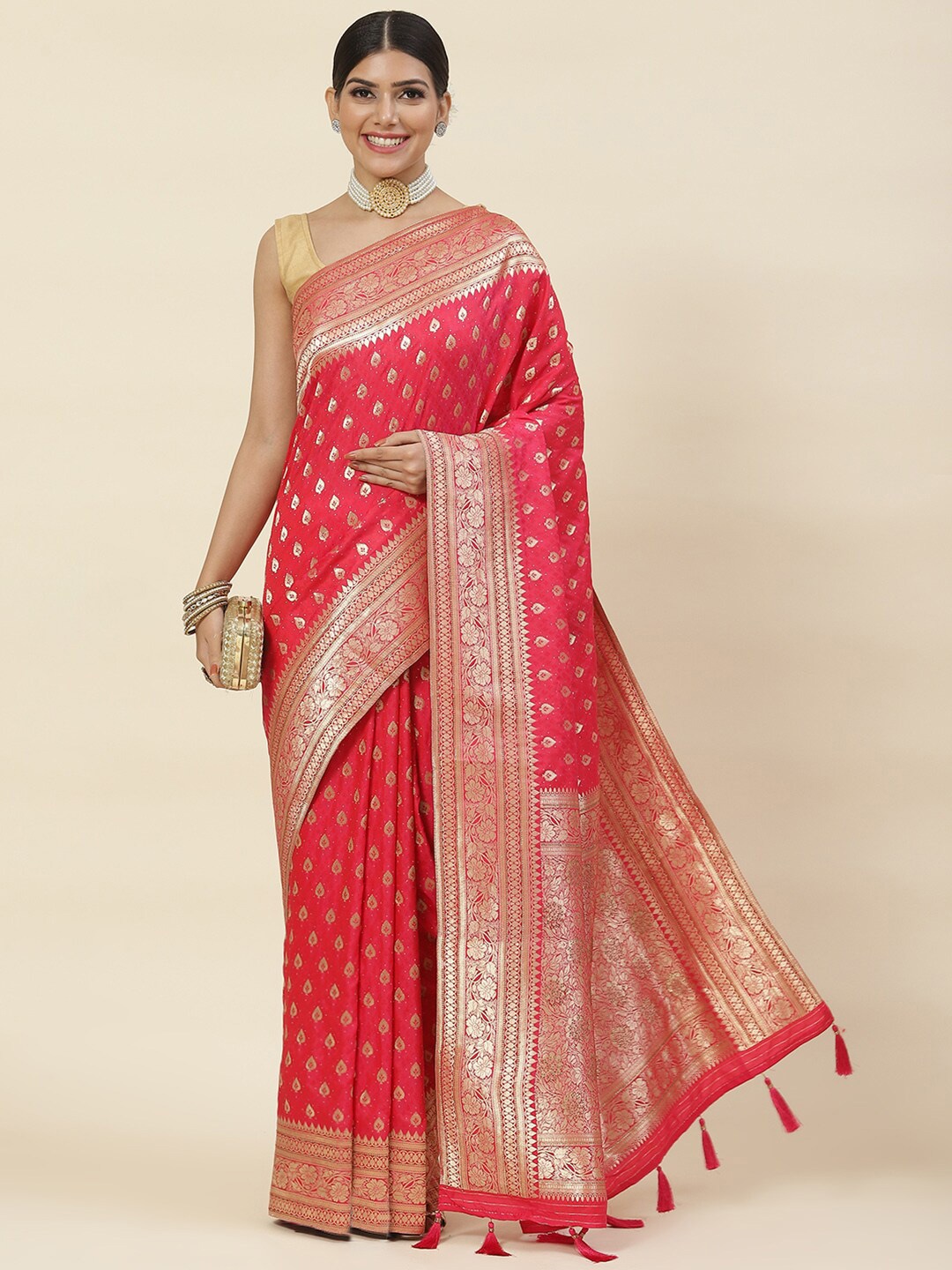 

Meena Bazaar Ethnic Motif Woven Design Zari Saree, Pink