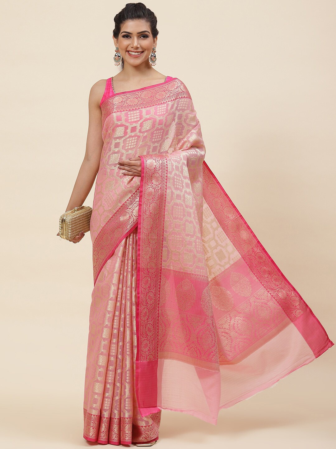 

Meena Bazaar Ethinic Woven Design Zari Pure Cotton Saree, Peach