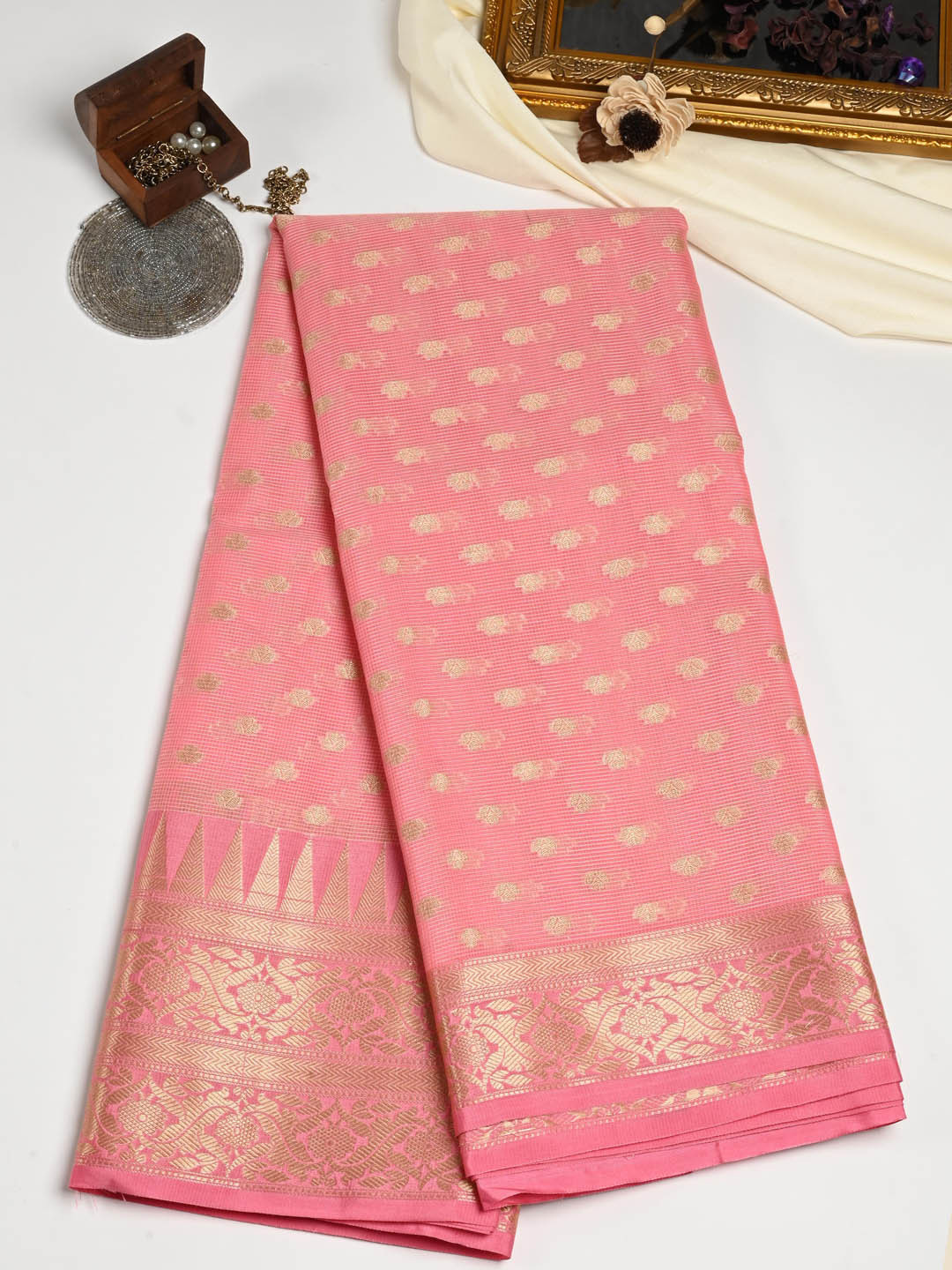 

Meena Bazaar Ethnic Motifs Woven Design Zari Pure Cotton Saree, Pink