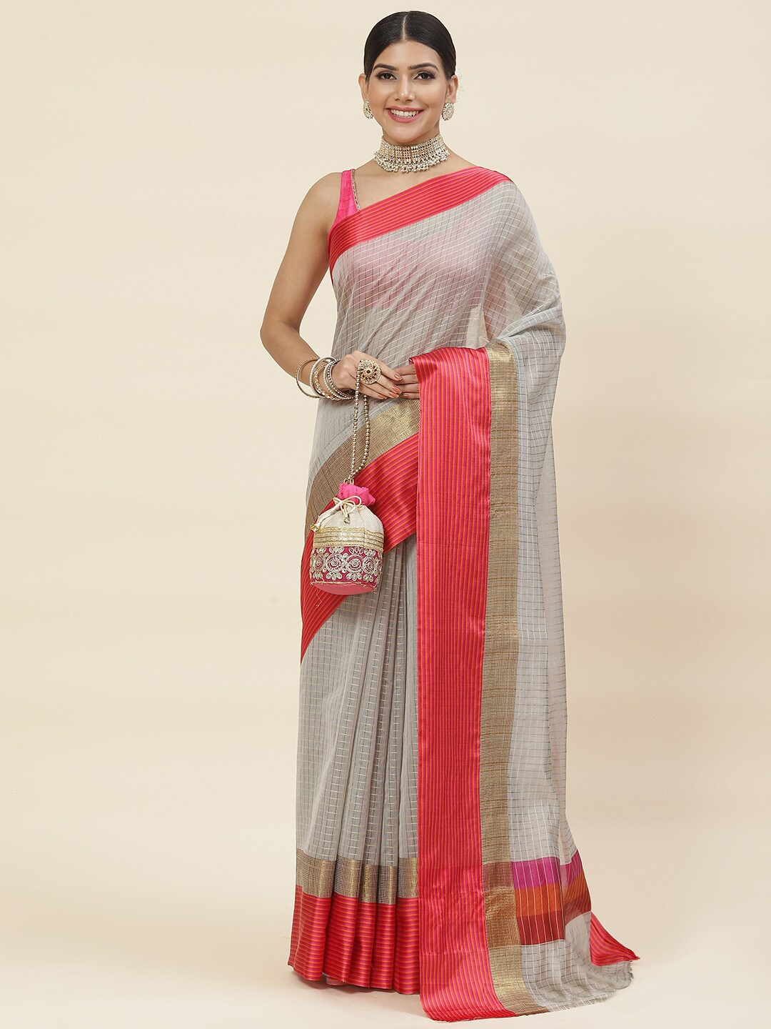 

Meena Bazaar Checked Zari Pure Cotton Saree, Grey