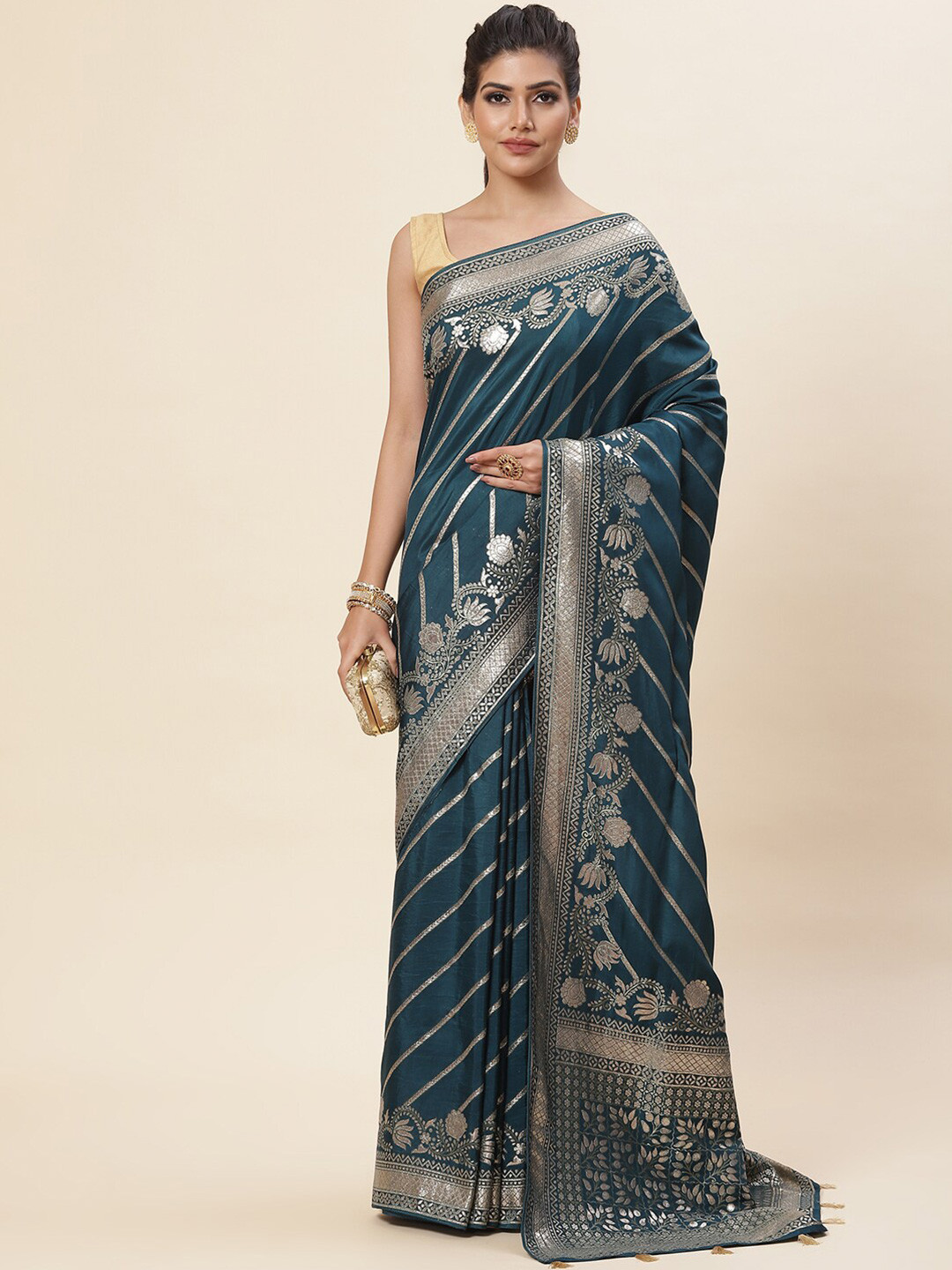 

Meena Bazaar Ethnic Motifs Woven Design Zari Art Silk Saree, Blue