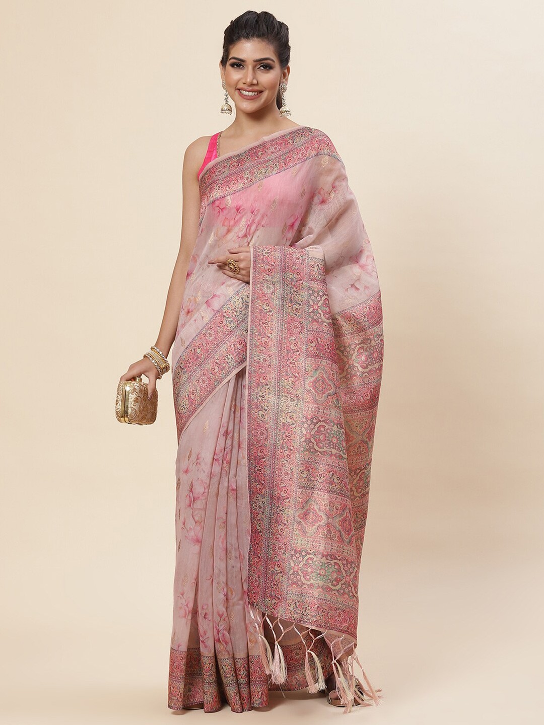 

Meena Bazaar Floral Printed Pure Cotton Saree, Pink