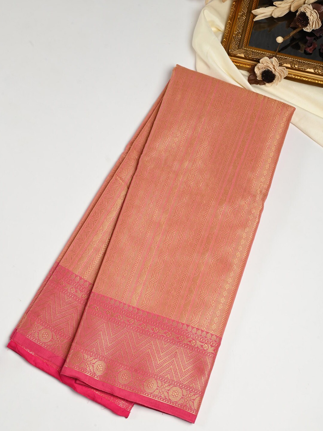 

Meena Bazaar Ethnic Motifs Woven Design Zari Pure Cotton Saree, Peach