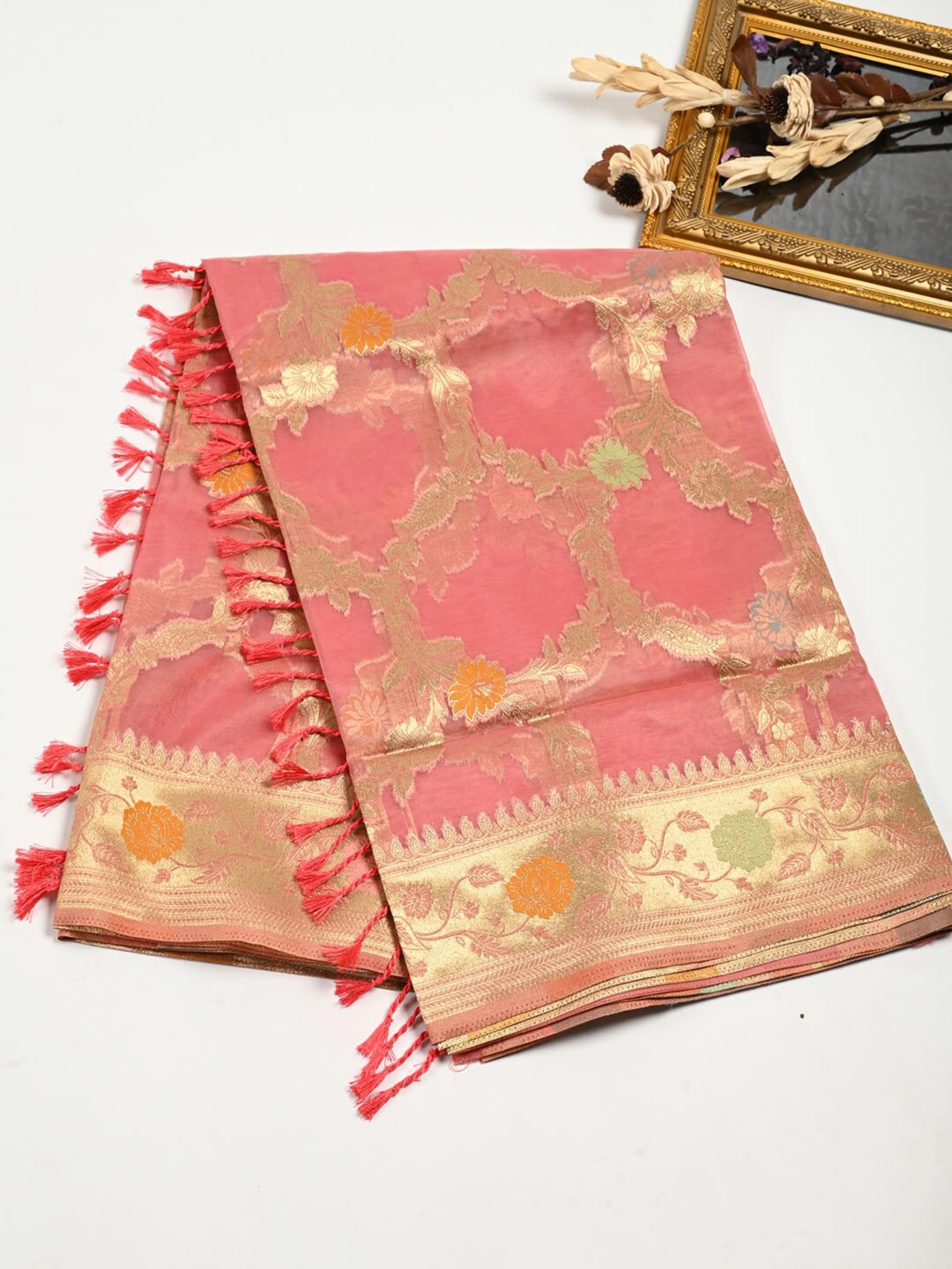 

Meena Bazaar Floral Woven Design Zari Organza Saree, Pink