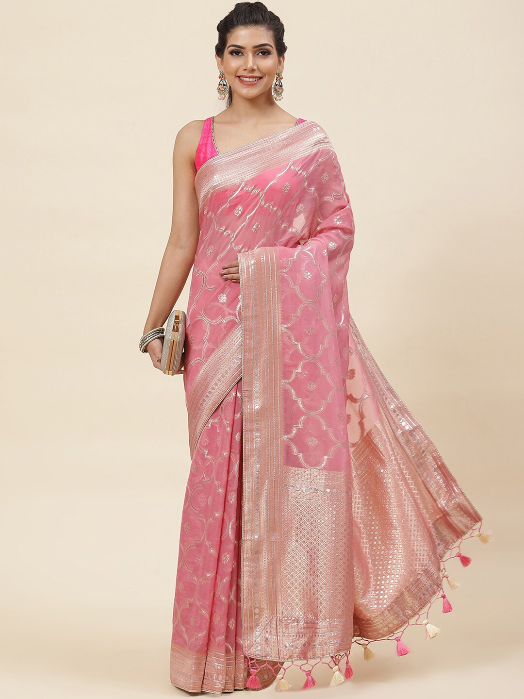 

Meena Bazaar Ethnic Motifs Woven Design Zari Organza Saree, Pink