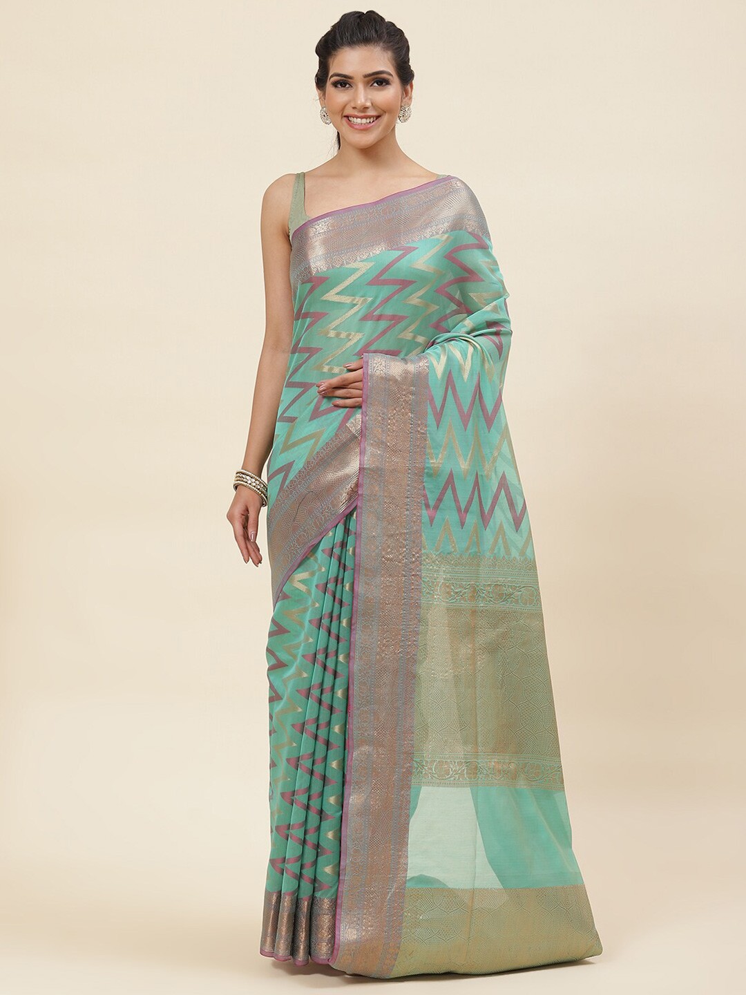 

Meena Bazaar Sea Green & Gold-Toned Woven Design Zari Pure Cotton Saree