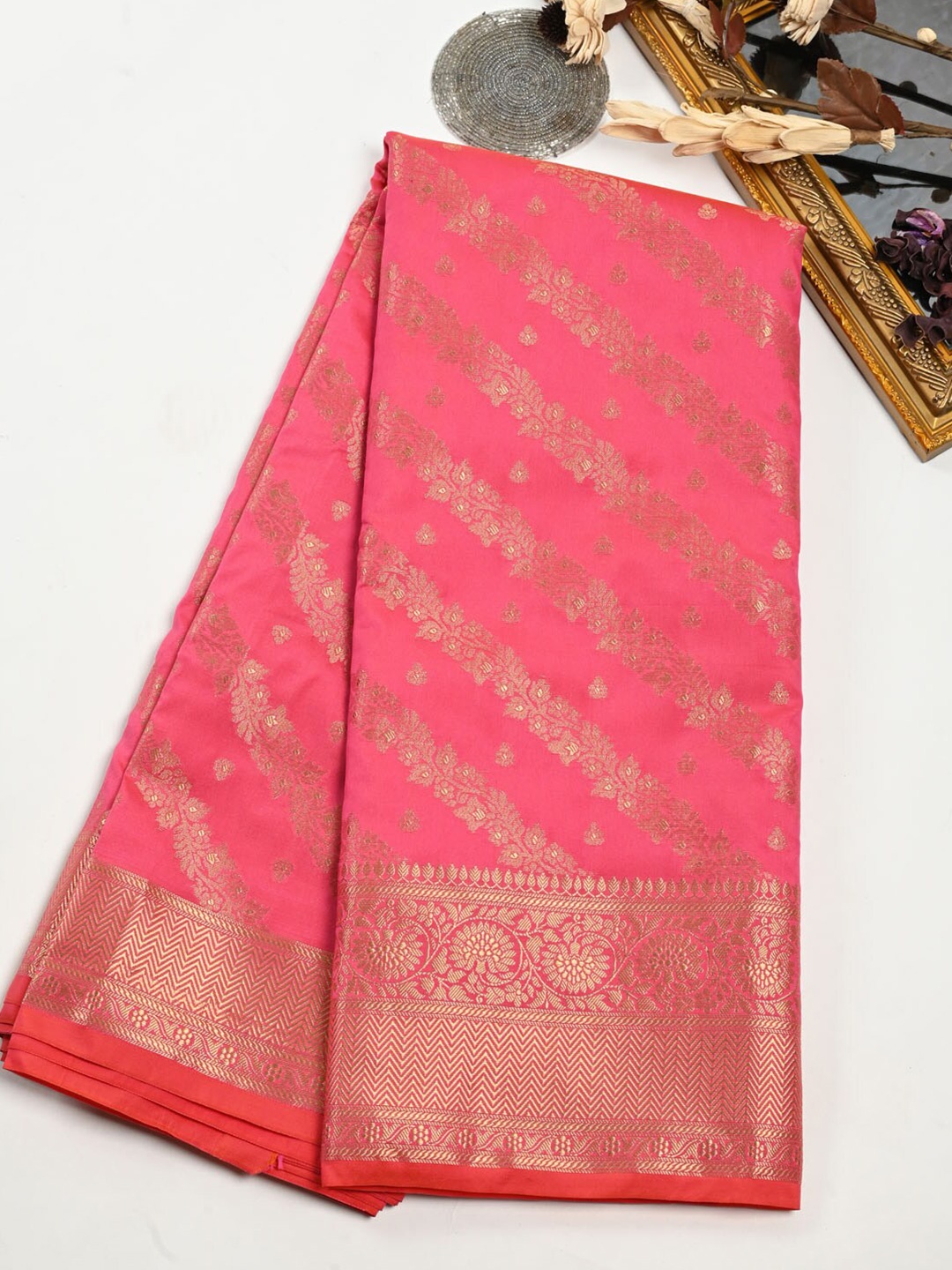 

Meena Bazaar Ethnic Motifs Woven Design Zari Pure Silk Saree, Pink