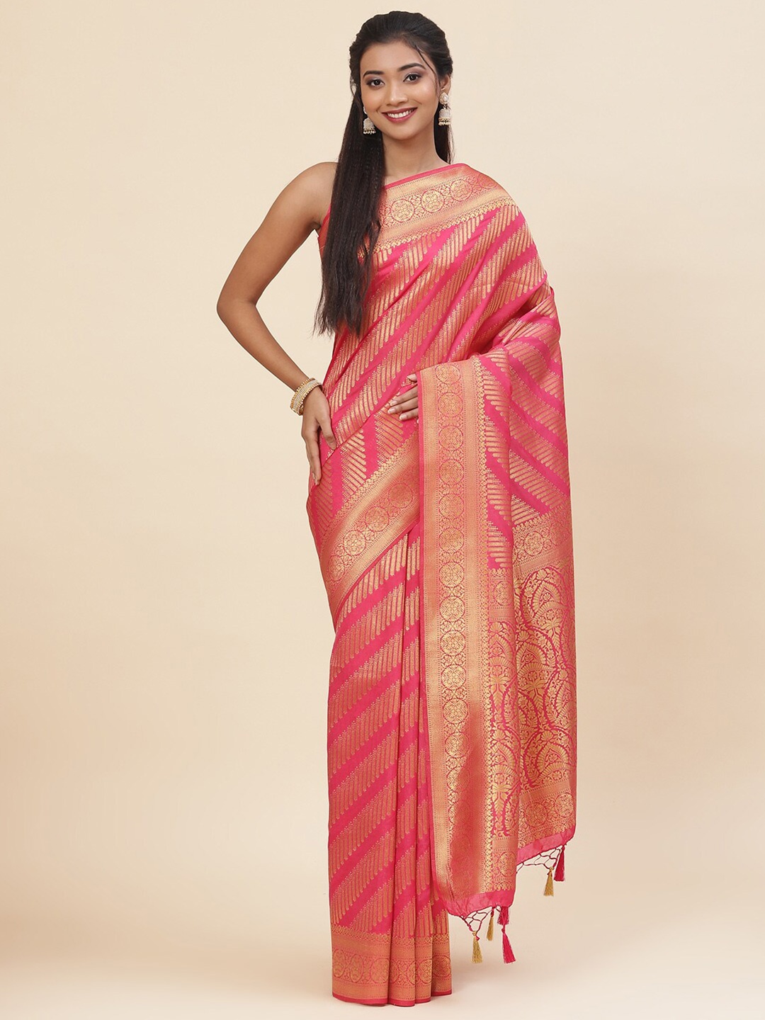 

Meena Bazaar Woven Design Zari Art Silk Saree, Pink