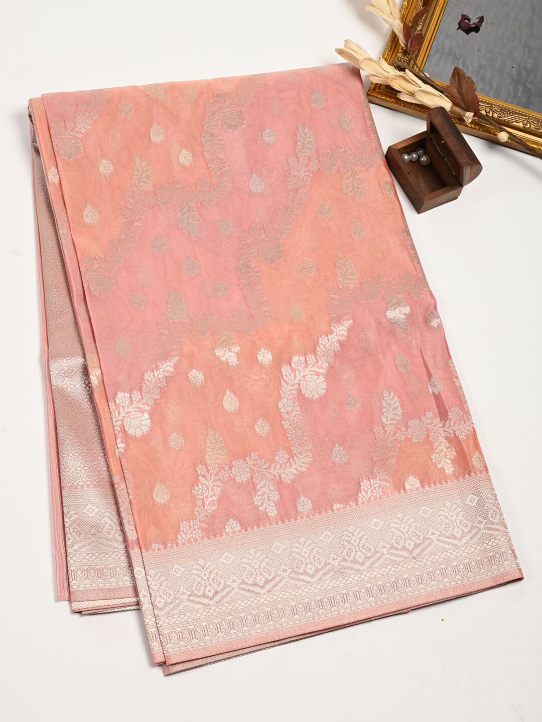 

Meena Bazaar Floral Woven Design Zari Organza Saree, Peach