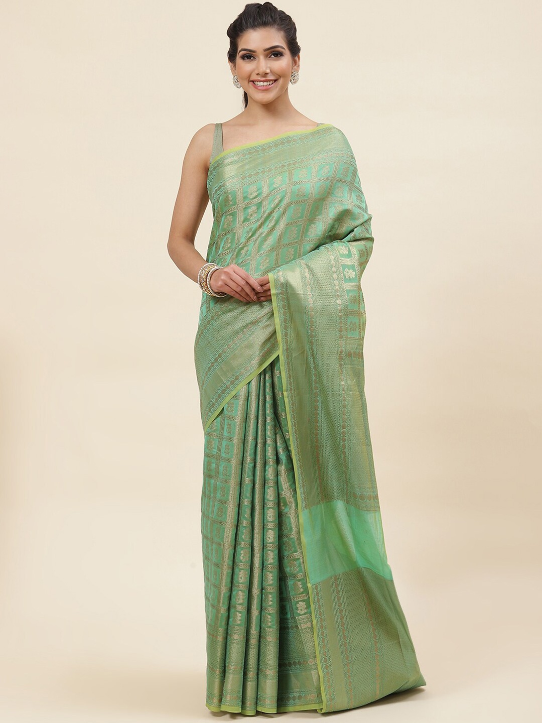 

Meena Bazaar Ethinic Woven Design Zari Pure Cotton Saree, Sea green